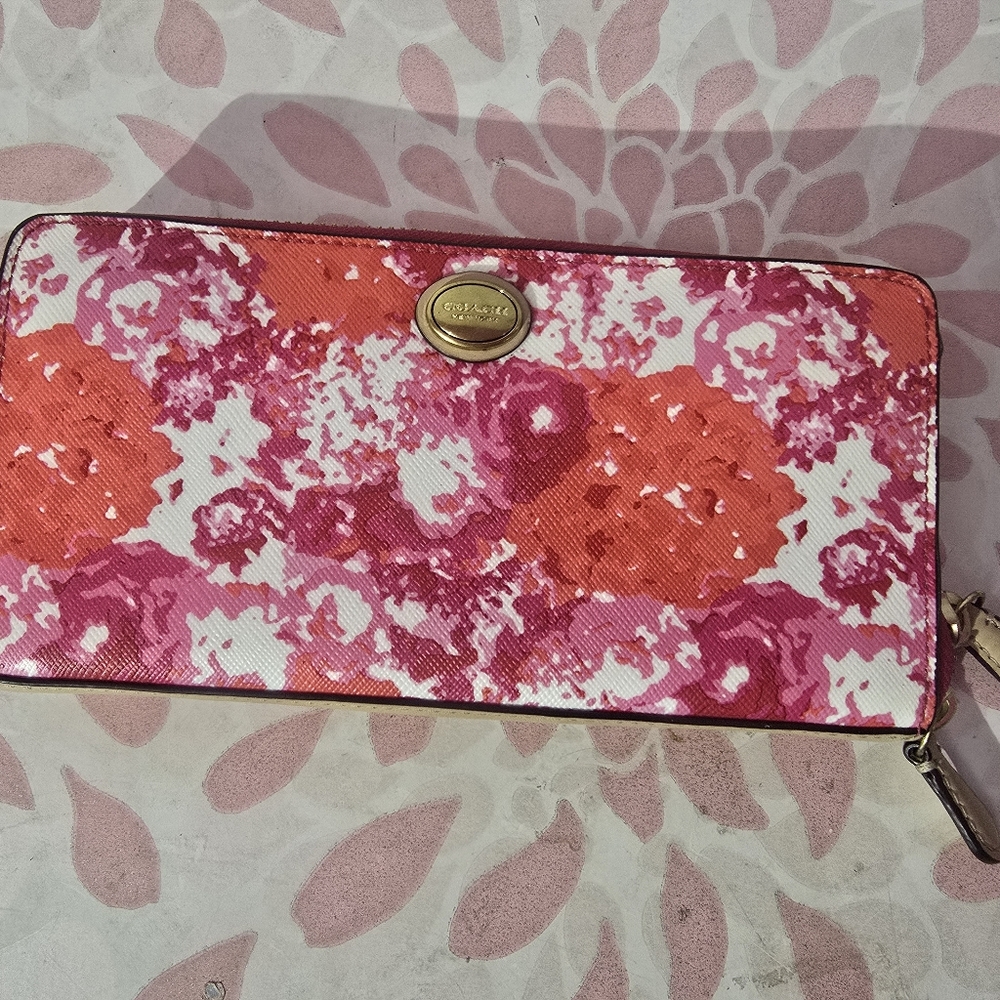 Coach Pink and Red Floral Women's Peyton Wallet